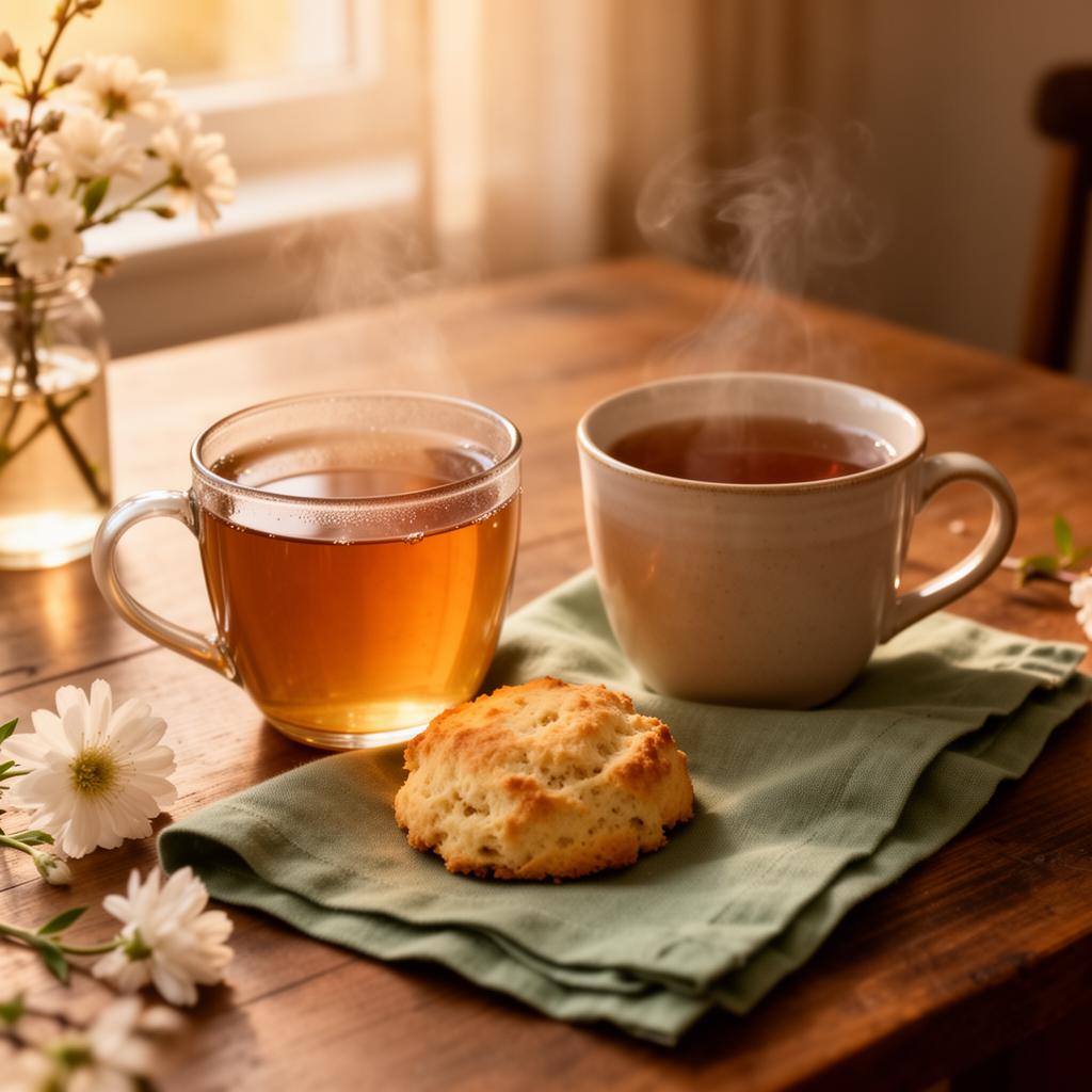 Tea, scone and flowers on a sunlit table
